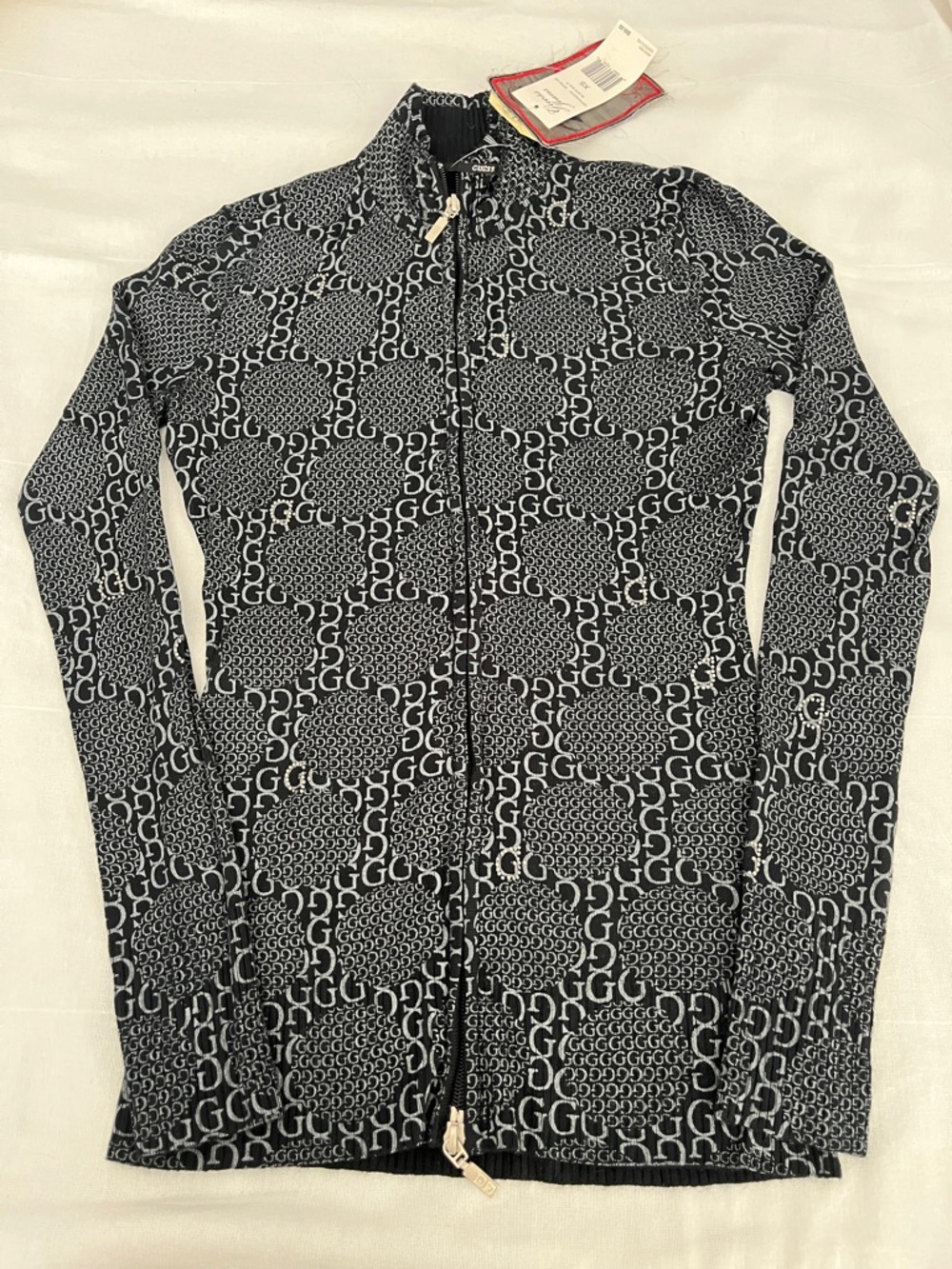 Guess Black & White GG Logo Mock Neck Zip-Up Sweater